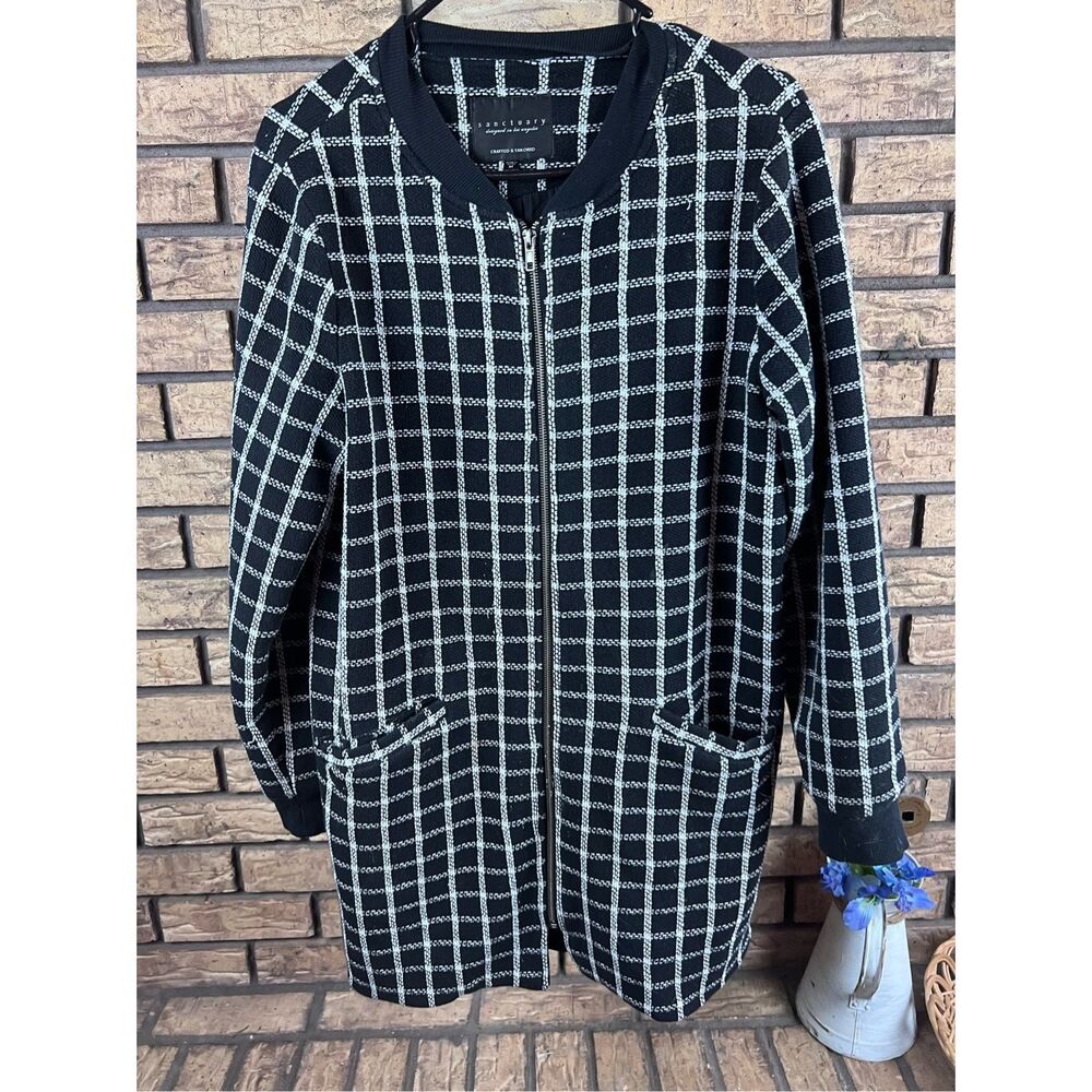 Sanctuary Windowpane Plaid Longline Bomber Jacket Women's medium Black White Chi